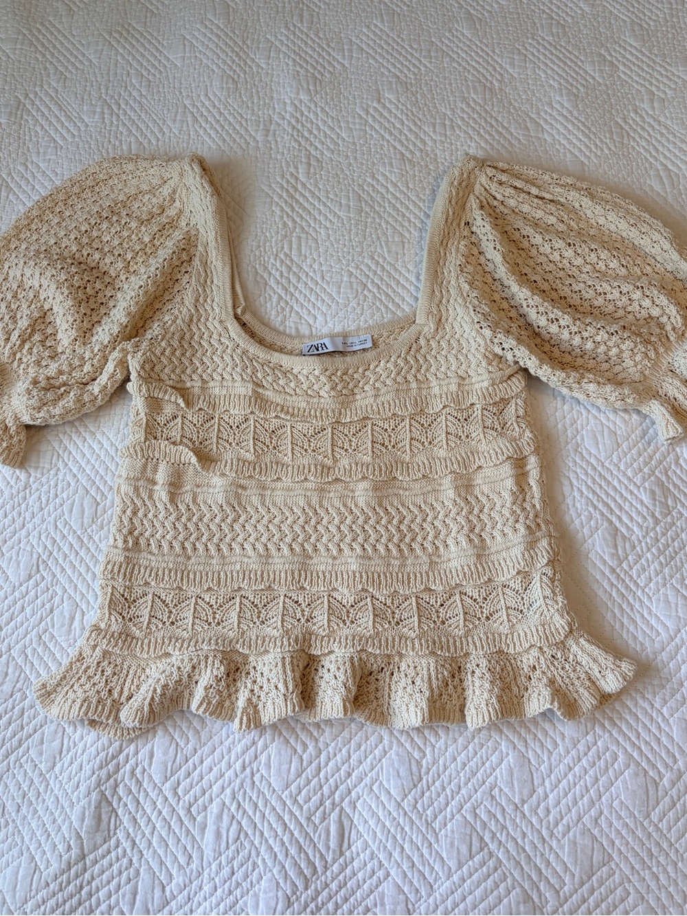 Zara Cream Crochet Knit Puff-Sleeve Prairie Boho Top Blouse
